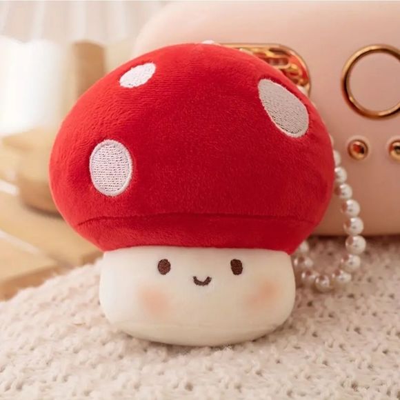 Red Cap mushroom plush keychain pearl handle gift cottagecore accessory - Picture 1 of 5